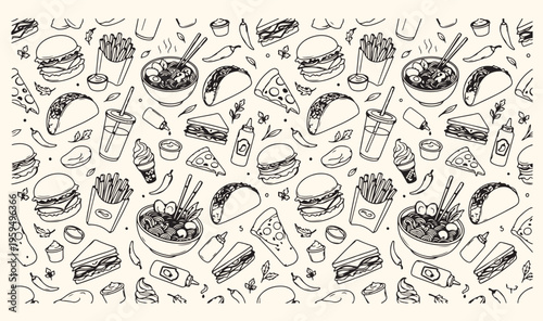 Fast food and tasty snacks doodle pattern, junk food and restaurant menu sketch, burger and pizza hand drawn icons, delicious street food vector background, fries and soda takeaway line art, yummy bre