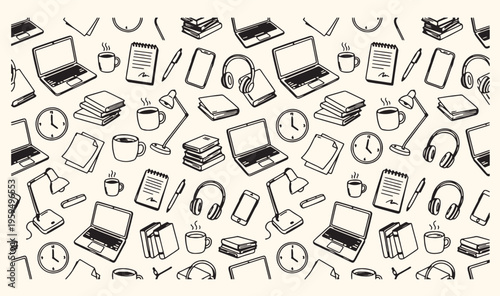Modern office gadgets and computer hardware doodle, digital technology and workstation sketch pattern, electronic devices and peripherals hand drawn icons, professional tech equipment vector backgroun