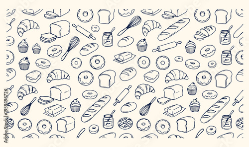 Fresh bakery and pastry doodle pattern, hand drawn bread and cupcakes sketch, artisan bakery shop vector line art, sweet desserts and flour products icons, baking ingredients and kitchen tools design,