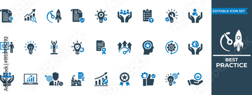 Best practices solid icon set. methodology, Guidelines, performance, standards, improvement, protocols, procedures icon collection.