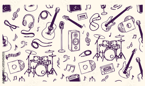 Musical instruments and rock band doodle, hand drawn guitar and drums pattern, music studio and concert sketch background, audio equipment and jazz band icons, creative musical notes and sound vector,