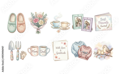 Watercolor Parents Day Clipart Set — 10 Mother's & Father's Day Gift Elements PNG SVG Vector Illustration
