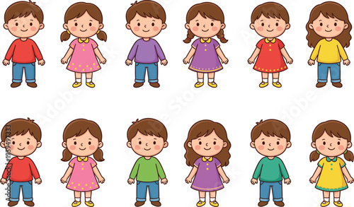 Cute kids character flat vector illustration set with diverse boys and girls isolated on white background,