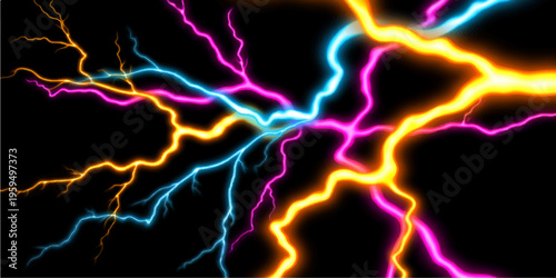 A seamless abstract design of glowing blue plasma energy and electric lightning bolts creates a powerful motion wave pattern on a black background with a charged liquid texture