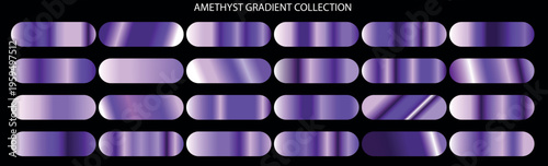 Amethyst gradient collection with 24 purple metallic swatches, luxury violet satin texture set, elegant lavender chrome vector palettes for UI design