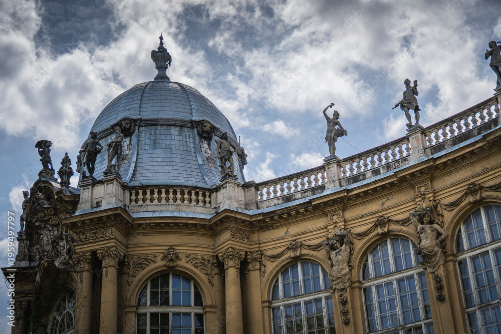 Obraz premium Vajdahunyad Castle baroque dome rooftop sculptures Budapest Hungary