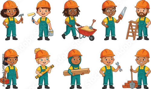 Construction worker character flat vector illustration set with diverse builders, tools, and equipment isolated