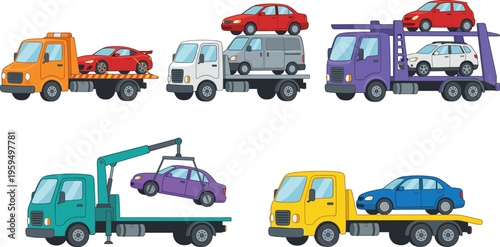 Tow truck and car carrier flat vector illustration set with roadside assistance vehicles isolated,