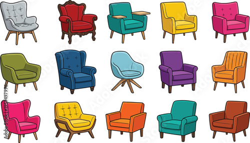 Colorful armchair and sofa flat vector illustration set with various modern furniture designs isolated,