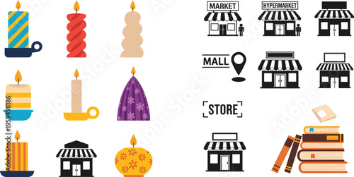 Flat vector icon set featuring decorative scented candles with patterns retail store buildings market signs and a stack of books for lifestyle design.