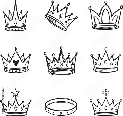 hand drawn crown collection, royal king and queen crowns, medieval monarchy symbols, doodle outline vector illustration set on transparent background