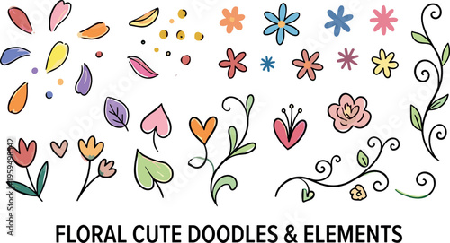 Cute floral doodle elements set with flowers, leaves, petals, vines and botanical decorative shapes, hand drawn garden nature illustration collection vector on transparent background
