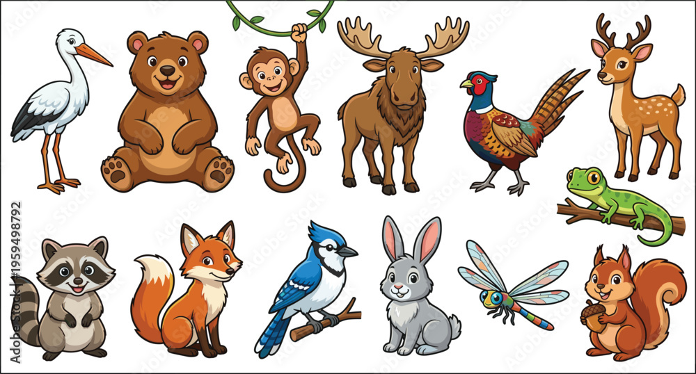 Fototapeta premium Cartoon forest animal vector illustration set including bear, deer, fox, monkey, and birds isolated on white