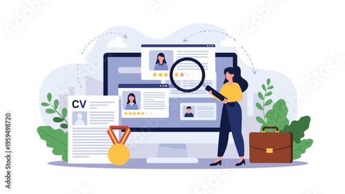 Human resources manager evaluates professional job candidate profiles on a computer screen to select the best talent for hiring.