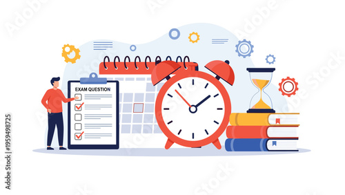 Student prepares for an upcoming examination by organizing study schedules with a calendar, alarm clock, and checklist of questions.