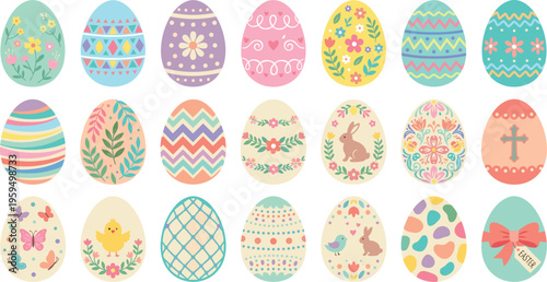 easter egg icon set with pastel decorated eggs floral patterns bunny chick butterfly and spring ornaments illustration on transparent background