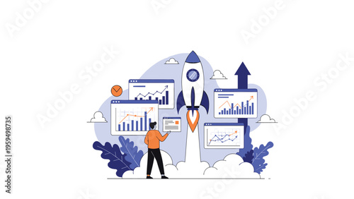 Business startup launches into the sky as a rocket surrounded by financial charts and performance metrics to visualize rapid growth.