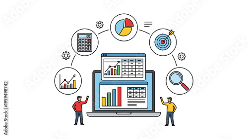 Integrated business analytics dashboard displays financial reports and strategic data icons for comprehensive company performance review.