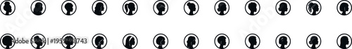 people profile silhouette avatar icon set with diverse men and women hairstyles portraits including bun ponytail afro braids and dreadlocks illustration on transparent background