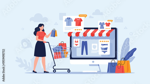 E-commerce shopping experience showing a woman with a cart browsing clothes and fashion items on a computer screen.