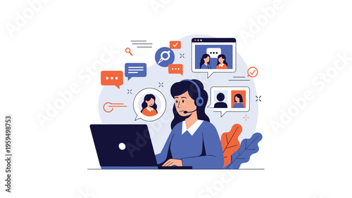 Customer support agent with a headset working on a laptop surrounded by various communication and online message icons.