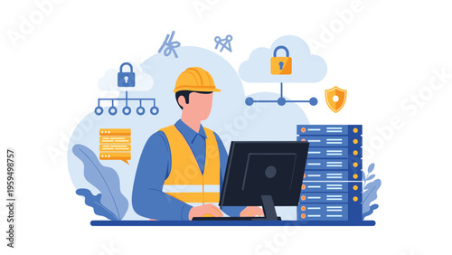 Network engineer monitors secure data server systems and cloud storage infrastructure to ensure information protection and safety.