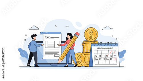 Financial consultants calculate annual taxes and manage wealth on a digital platform with coins and a marked payment calendar.