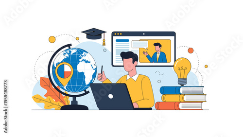 Online learning and global education concept featuring a male student on a laptop with a globe and teacher on screen.