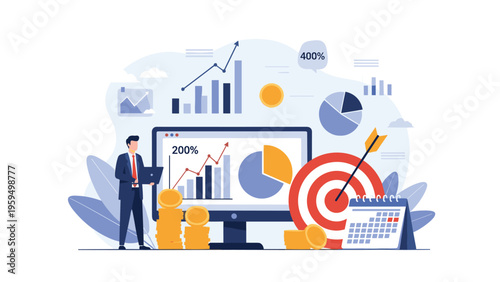 Businessman presenting data insights and target achievements on a large computer monitor with various charts.