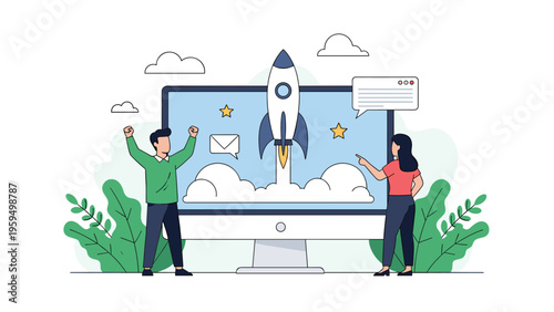 Entrepreneurial team celebrates the successful launch of a new business project displayed on a large computer screen monitor.