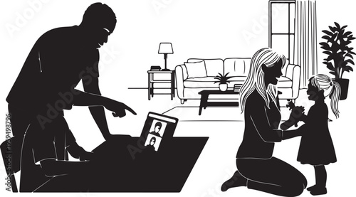 Smiling Black Parents Sitting On Couch Reading A Bedtime Story Together With Their Little Son During Night Time.