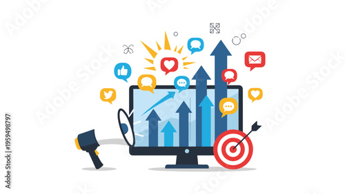 Digital marketing growth strategy featuring growth arrows, social media icons, and a megaphone on a large monitor.