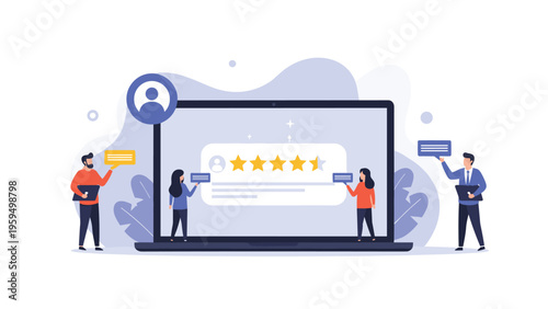 Online user feedback system showing people reviewing five-star ratings and profiles on a large laptop screen.