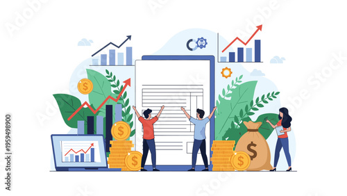 Business financial growth and investment success concept with people celebrating near large documents, coins, and rising charts.