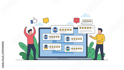 Customer review and testimonial concept showing happy people celebrating positive feedback and star ratings on a laptop screen.