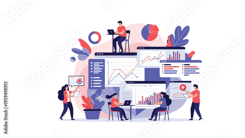 Data dashboard and business intelligence analytics concept with a diverse team managing multiple charts and graphs.