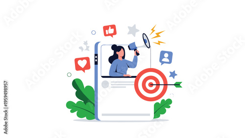 Social media marketing and targeted advertising concept with a woman using a megaphone from a smartphone towards a bullseye.