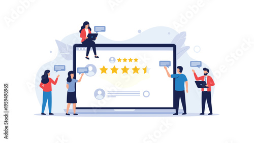 Online customer reviews and rating system concept with people interacting with star symbols on a large laptop screen.