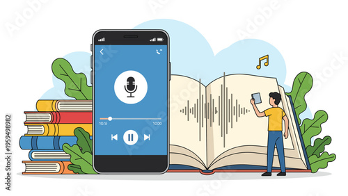 Audiobooks and digital learning concept with a student standing next to a large smartphone and an open book showing sound waves.