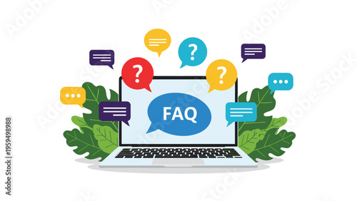 Frequently asked questions and customer support concept with a laptop surrounded by colorful speech bubbles and question marks.