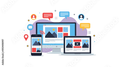 Responsive web design and multi-device compatibility concept showing a desktop, laptop, and smartphone with synchronized website content.