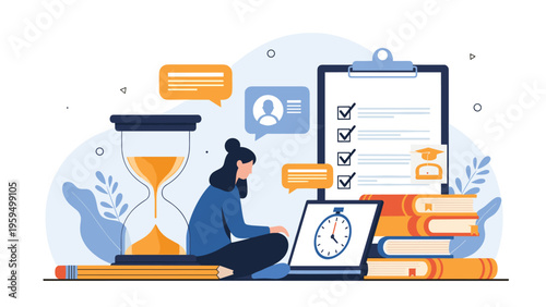 Focused student manages study time effectively using an hourglass and a digital laptop while completing a comprehensive checklist.