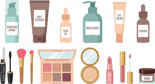 Set of elegant flat vector makeup and skincare cosmetics icons isolated on a white background
