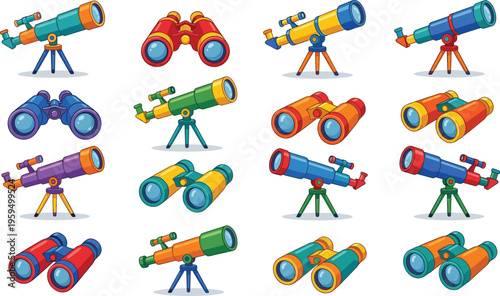 Cartoon vector illustration set of colorful telescopes and binoculars for astronomy and outdoor observation isolated on white