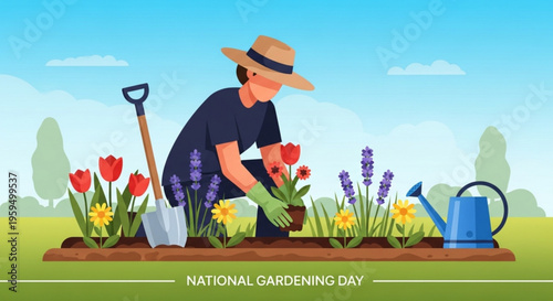 Person wearing a straw hat and green gloves planting colorful red tulips and purple lavender flowers in fertile soil with a shovel and blue watering can nearby celebrating