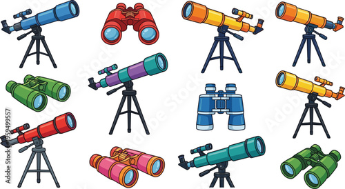 Set of colorful cartoon telescope and binocular vector illustrations for astronomy and outdoor exploration isolated on white