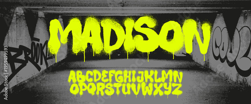 Urban graffiti spray paint alphabet with drips, street art lettering on grunge underground wall background, vector illustration