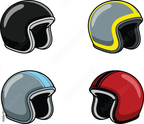 Retro motorcycle open face helmet set, vintage cafe racer head protection gear, flat vector illustration