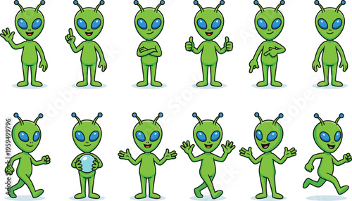 Green alien character poses set, cartoon extraterrestrial mascot with different gestures, flat vector illustration