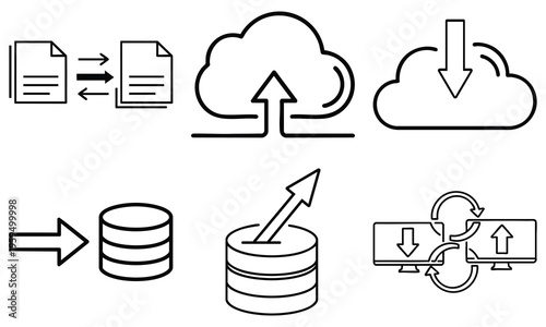 Data storage and transfer icons in line style